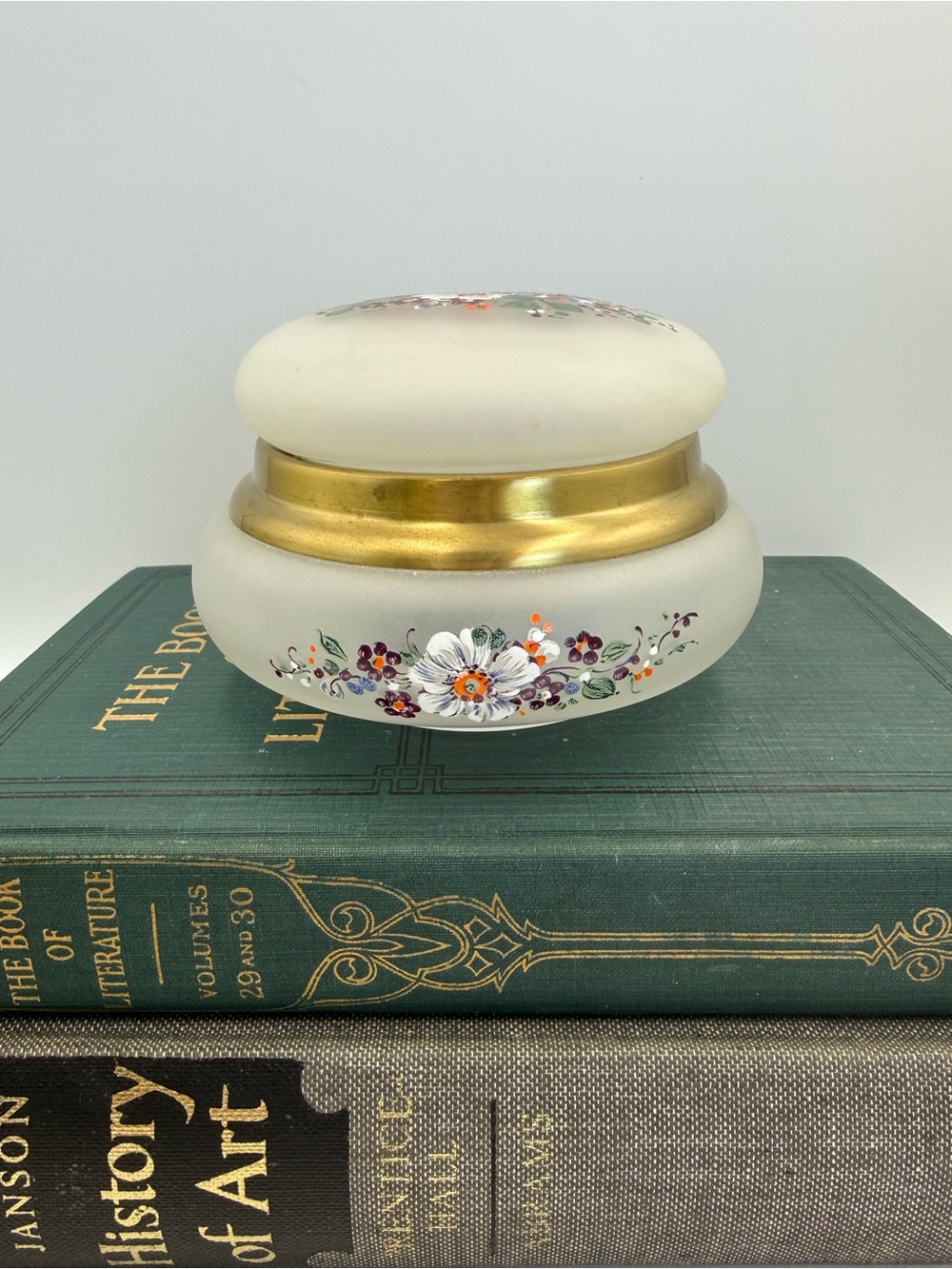 Antique Satin Glass Hand Painted Floral Vanity Jar Jewelry Box